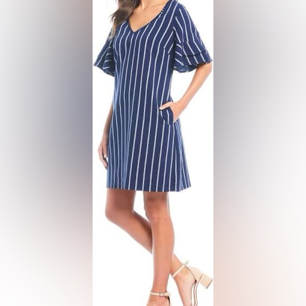 🌴 TOMMY BAHAMA Vista Stripe Flutter Sleeve Dress Navy NWOT